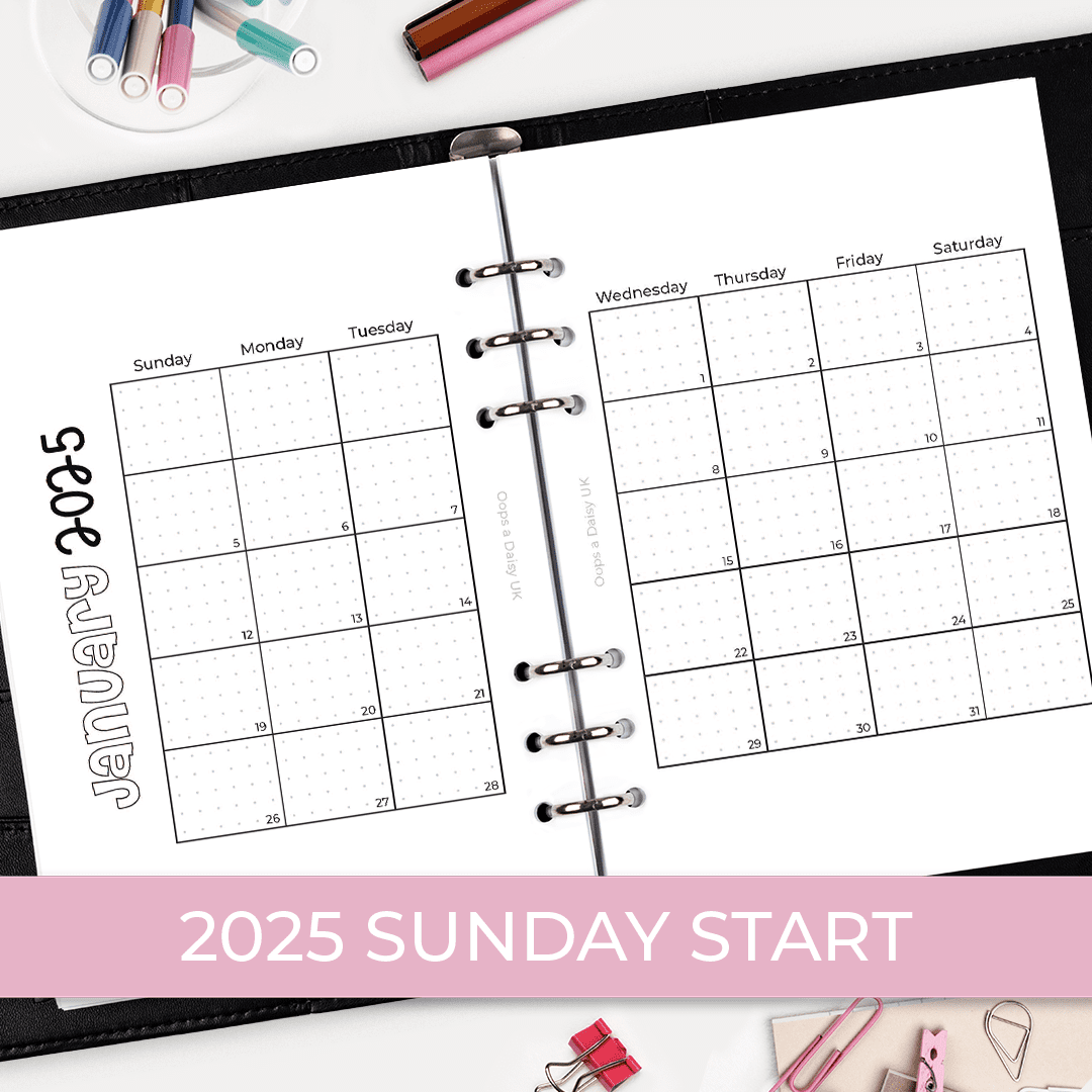 Monthly 2025 Calendars - A5 Hybrid Planner Inserts - Sunday Start