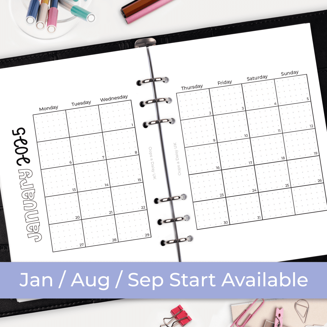 Monthly 2025 Calendars - A5 Hybrid Planner Inserts - Monday Start