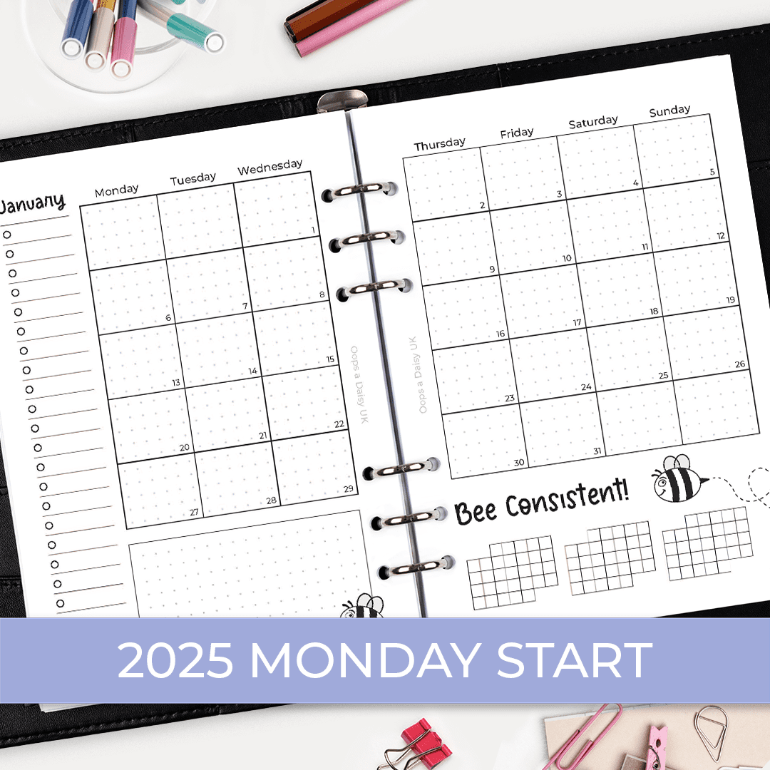 Bee Awesome Monthly Planner 2025 - A5 Hybrid Planner Inserts - Monday Start