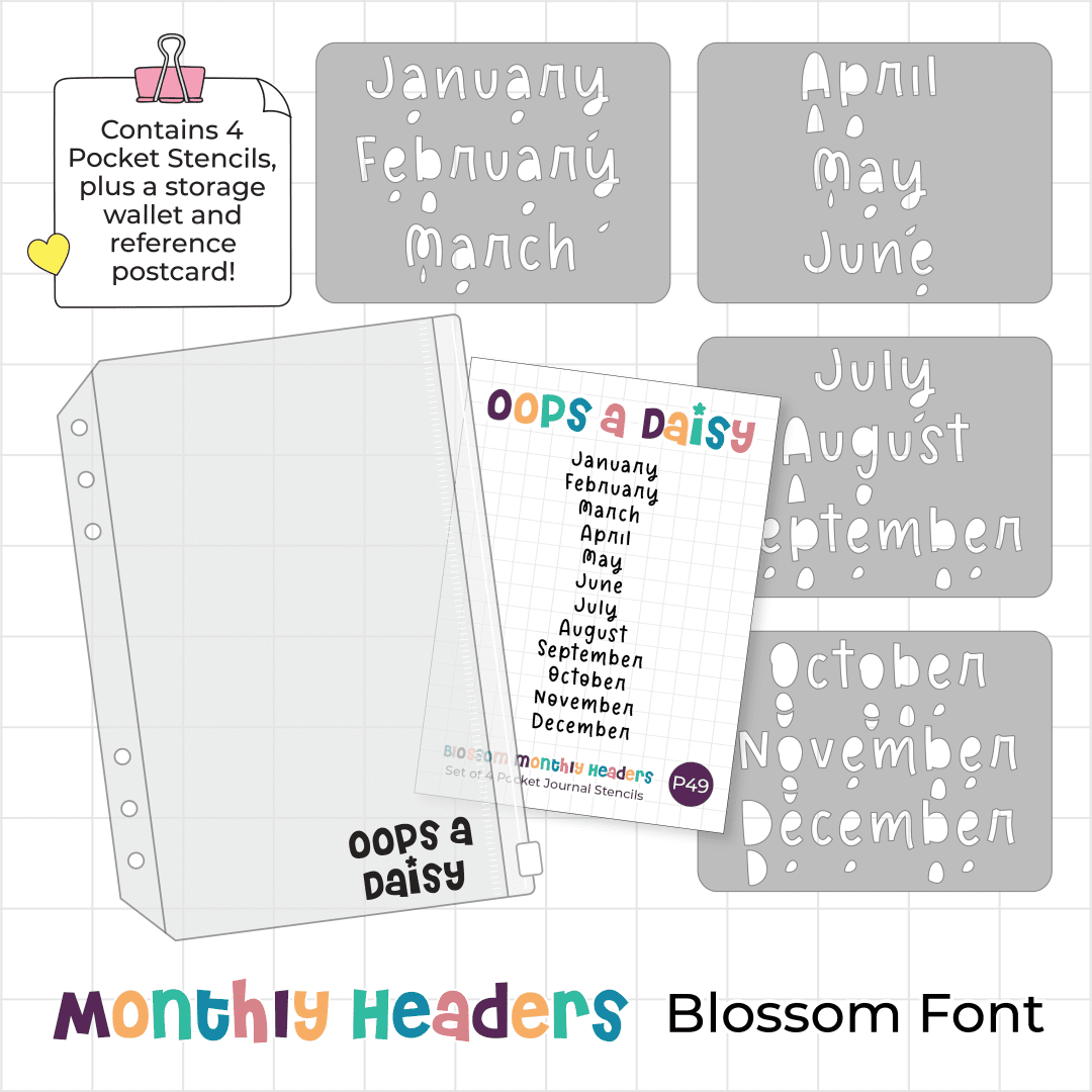 Monthly Headers - Blossom Font - Pocket Journal Stencils - Set of 4