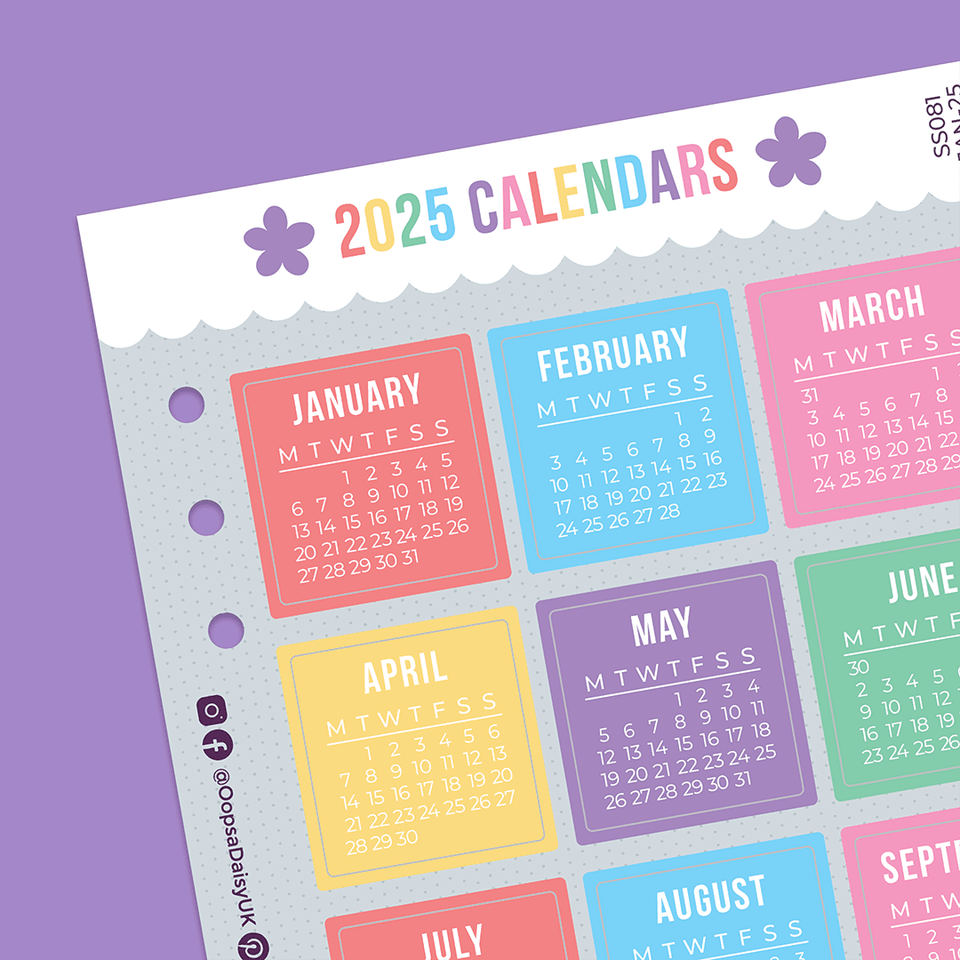 2025 Monthly Calendar Stickers - A5 Sticker Sheet - Rainbow