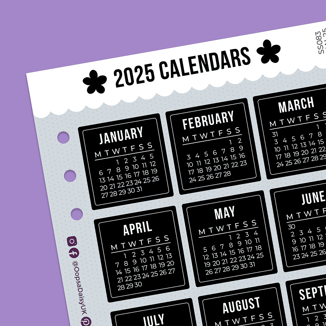 2025 Monthly Calendar Stickers - A5 Sticker Sheet - Monochrome