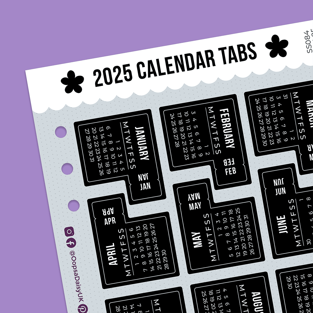 2025 Monthly Calendar Tab Stickers - A5 Sticker Sheet - Monochrome