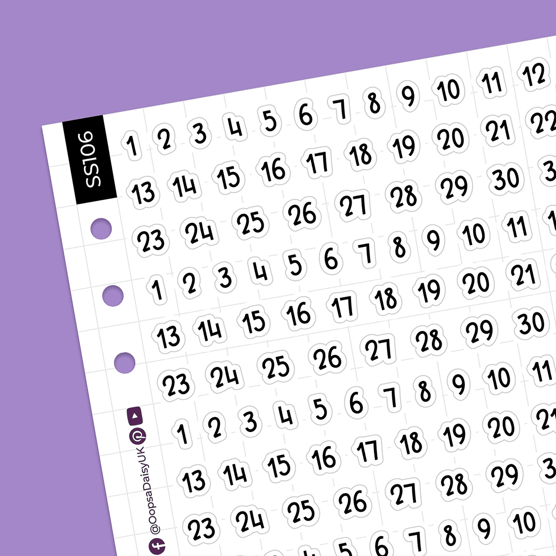 Dates 1-31 - Blossom Font  - Monochrome - A5 Sticker Sheet