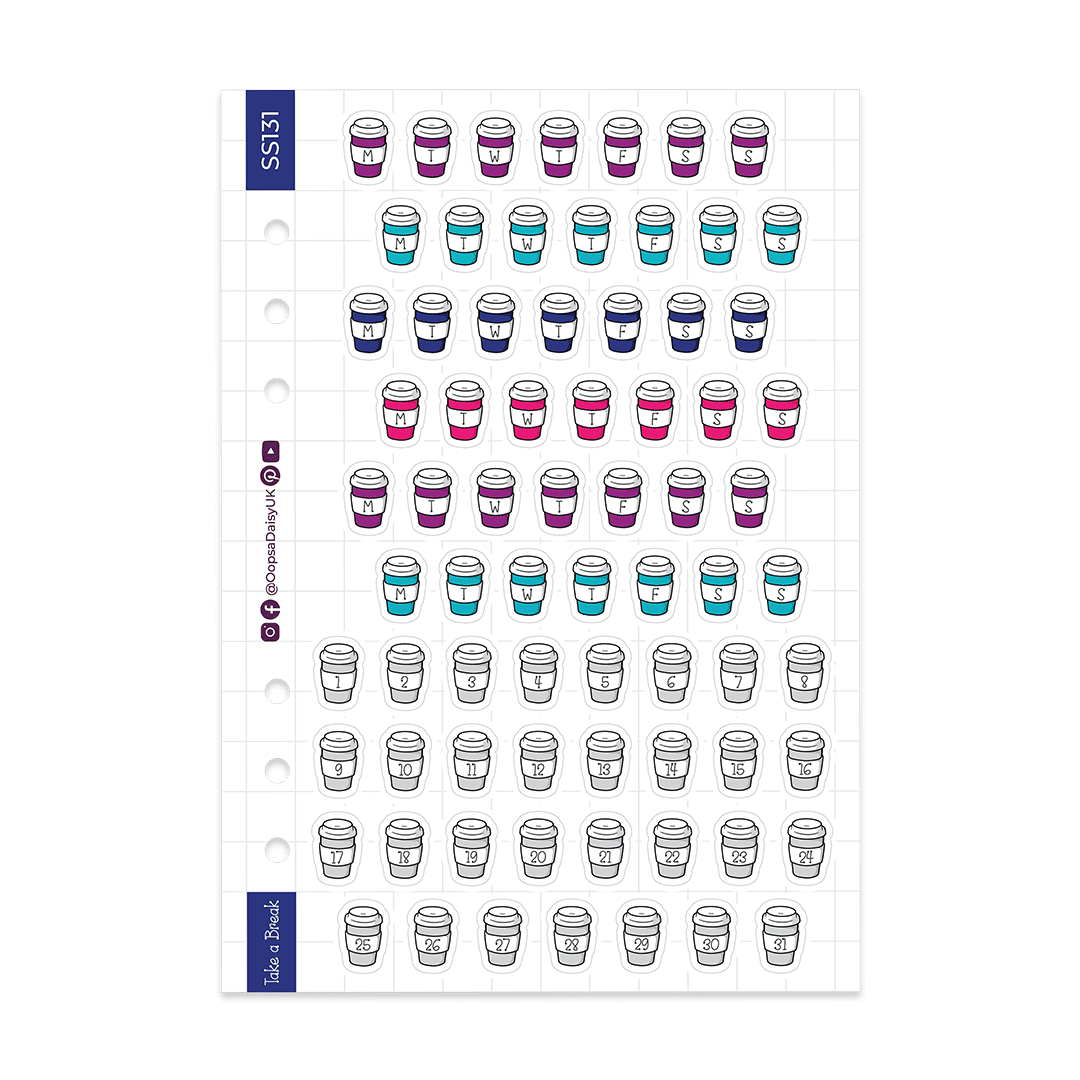 To-Go Coffee Cups Days & Dates - A5 Sticker Sheet