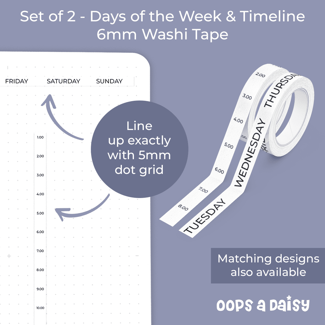 Days of the Week & Timeline - Skinny Washi Tape (White)