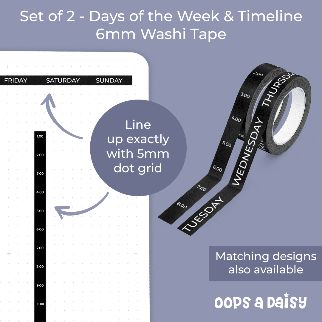 Days of the Week & Timeline - Skinny Washi Tape (Black)