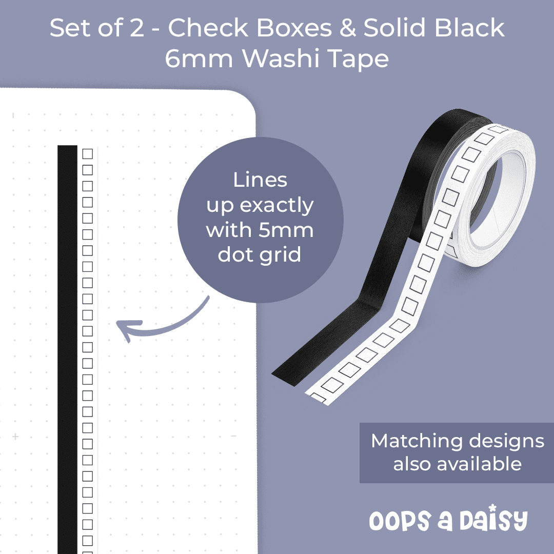 Check Boxes & Solid Black - Skinny Washi Tape